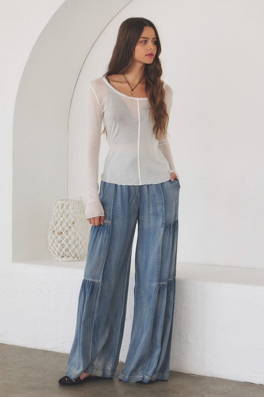 Wide-Leg Chambray Pants | Women’s Lightweight Boho Denim Trousers – Maruchi