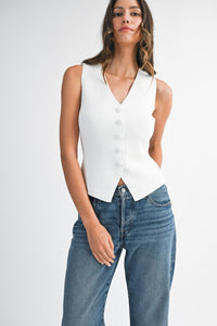 The V-Neck Button Down Knit Vest – White