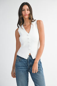 The V-Neck Button Down Knit Vest – White