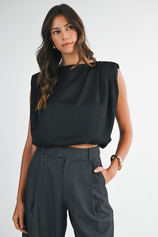 Black Sleeveless Draped Shoulder Blouse – Chic Women’s Top
