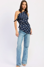 Load image into Gallery viewer, Navy Polka Dot One-Shoulder Top – Chic Asymmetrical Blouse
