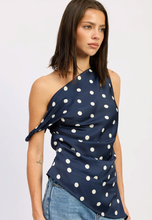 Load image into Gallery viewer, Navy Polka Dot One-Shoulder Top – Chic Asymmetrical Blouse
