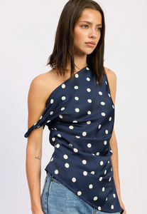 Navy Polka Dot One-Shoulder Top – Chic Asymmetrical Blouse