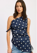 Load image into Gallery viewer, Navy Polka Dot One-Shoulder Top – Chic Asymmetrical Blouse
