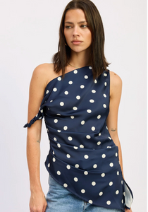 Navy Polka Dot One-Shoulder Top – Chic Asymmetrical Blouse